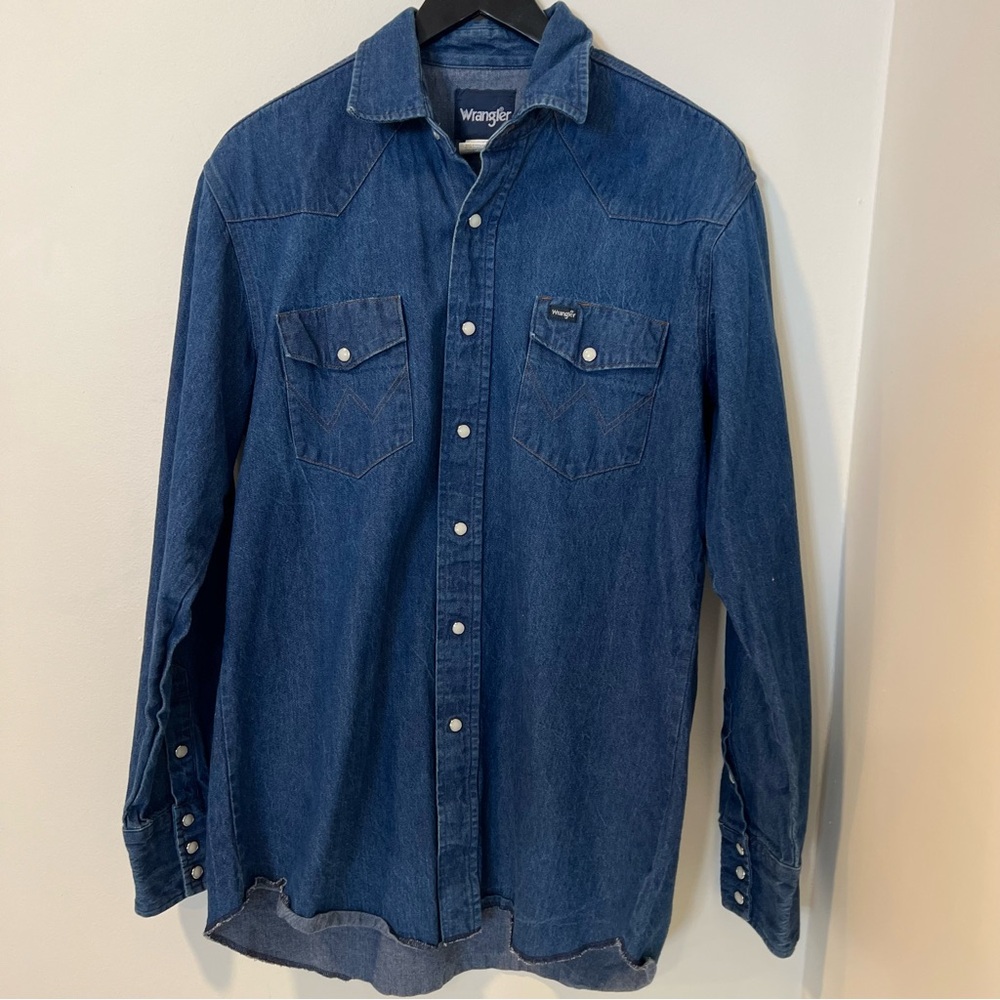 Vintage 90s Wrangler Denim Shirt Men’s L Pearl Snap Western Cowboy